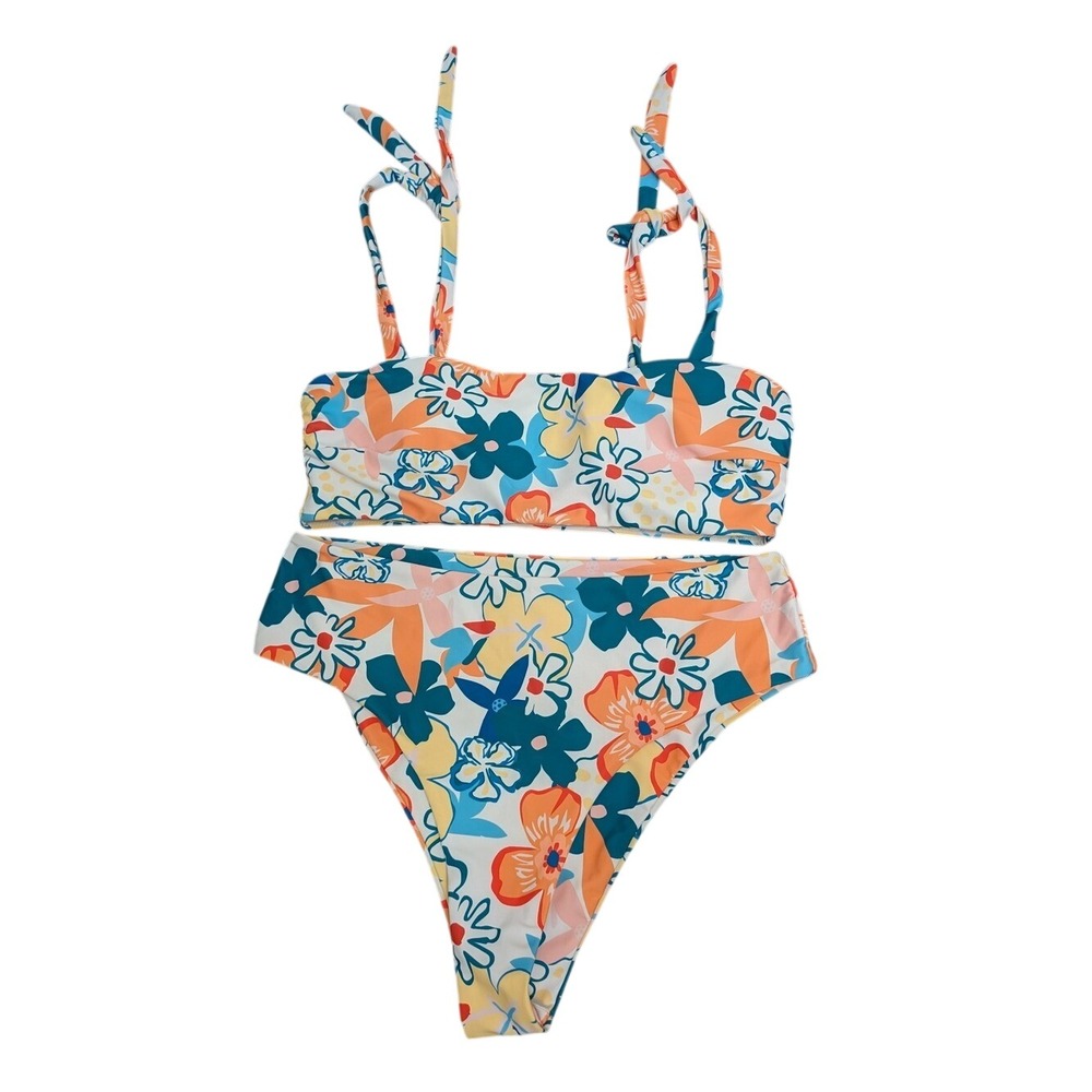 Unbranded Bikini Set Women Size M Multicolor Floral High Waist Tie Shoulder